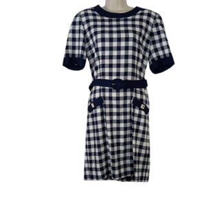 Vintage Leslie Fay Womens Belted Sheath Dress Navy Buffalo Check Petite 12